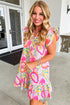 Abstract Floral Ruffle Trim Flutter Sleeve Buttoned Dress